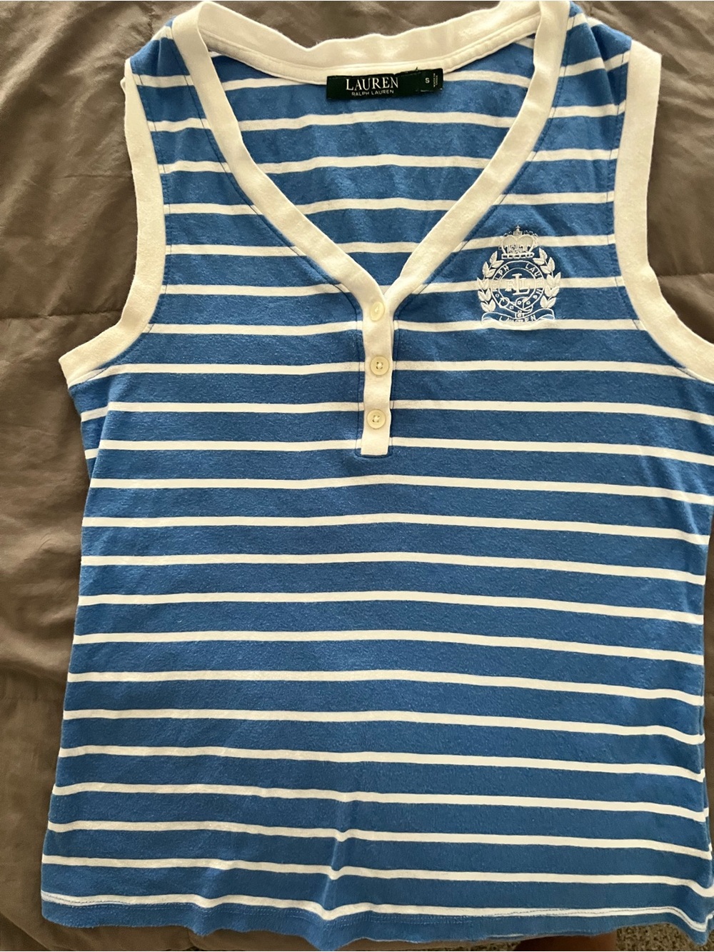 Ralph Lauren Blue & White Striped Sleeveless Henley Tank with Crest